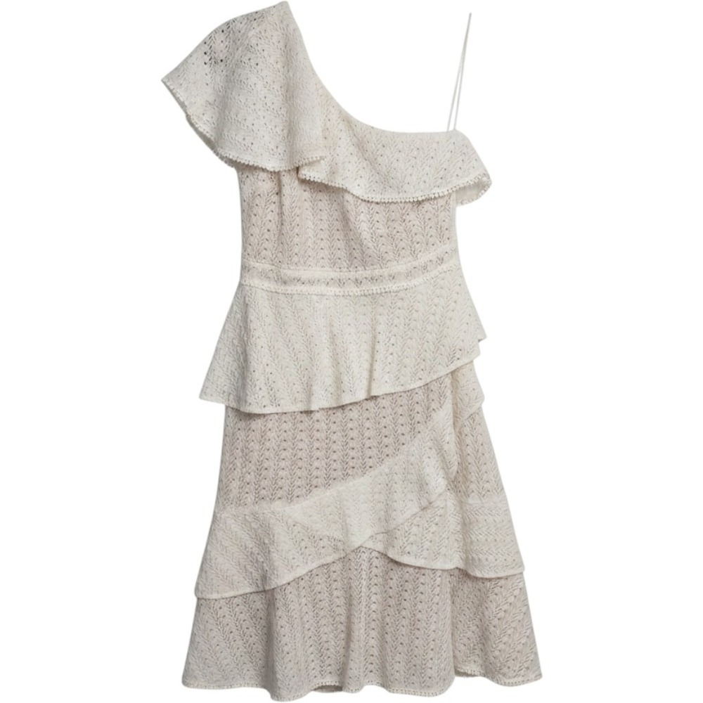 Gianni Bini Dress One Shoulder Ruffle S Ivory Women Eyelet Lace Cocktail Party